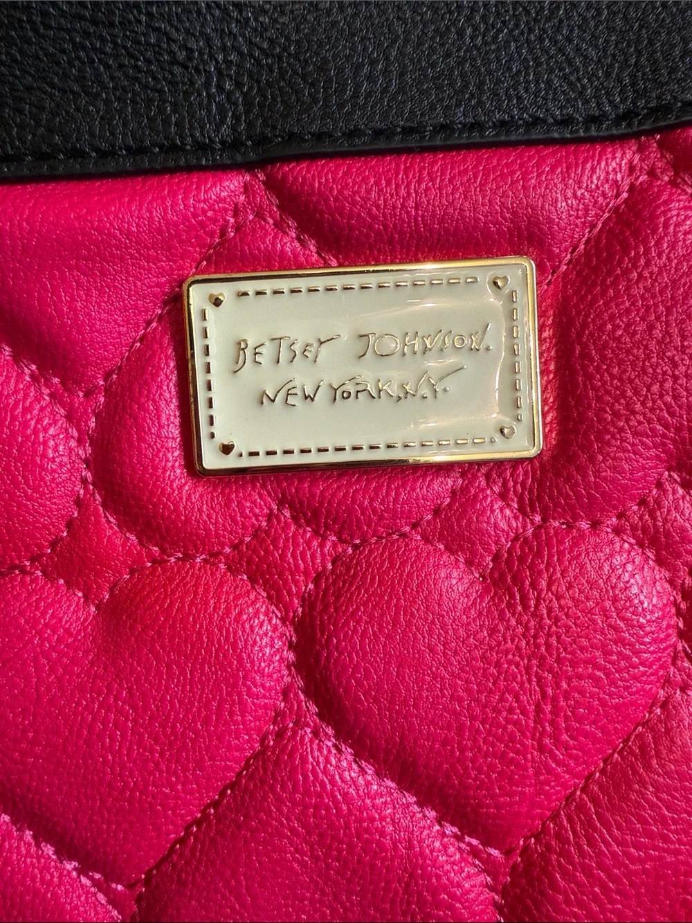 Betsey Johnson Quilted Pink Heart Tote Bag with Black and White Striped Sides